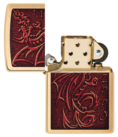 Medieval Mythological Dragon Brushed Brass Windproof Lighter with its lid open and unlit.