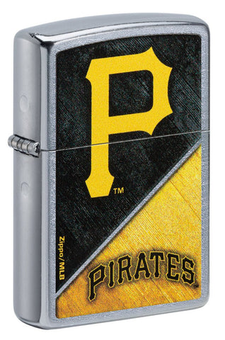 Front shot of MLB® Pittsburgh Pirates™ Street Chrome™ Windproof Lighter standing at a 3/4 angle.