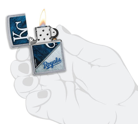 MLB™ Kansas City Royals™ Street Chrome™ Windproof Lighter lit in hand.