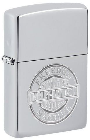 Front shot of Harley-Davidson® Bar and Shield High Polish Chrome Windproof Lighter standing at a 3/4 angle.