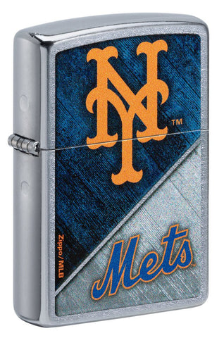 Front shot of MLB® New York Mets™ Street Chrome™ Windproof Lighter standing at a 3/4 angle.