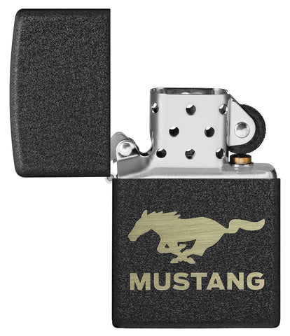 Ford® Mustang Black Crackle® Windproof Lighter with its lid open and unlit.