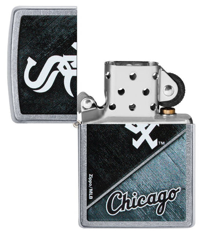 MLB® Chicago White Sox™ Street Chrome™ Windproof Lighter with its lid open and unlit.