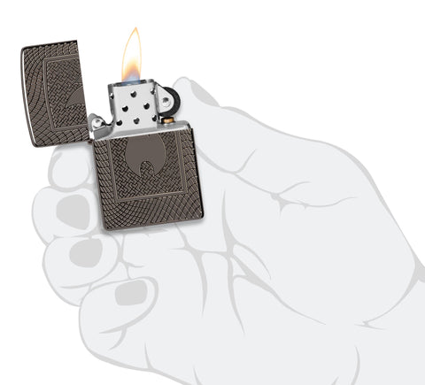 Zippo Flame Pattern Design Armor Black Ice Windproof Lighter lit in hand.