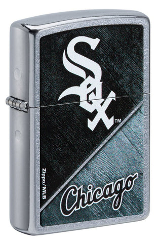 Front shot of MLB® Chicago White Sox™ Street Chrome™ Windproof Lighter standing at a 3/4 angle.
