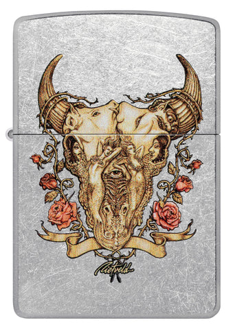 Front view of Zippo Rick Rietveld Floral Bull Skull Street Chrome Windproof Lighter.