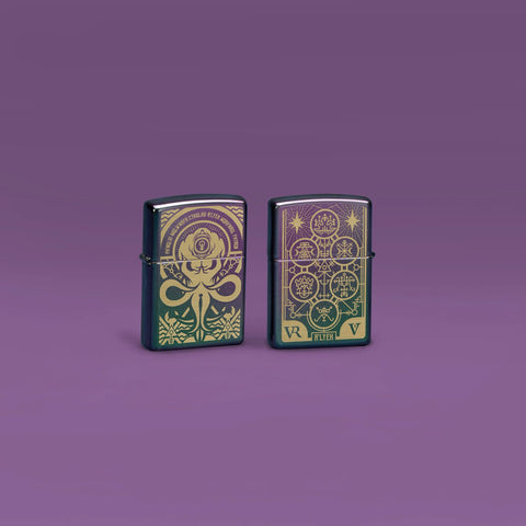 Lifestyle image of Zippo Evil Design Iridescent Windproof Lighters standing in a purple scene.
