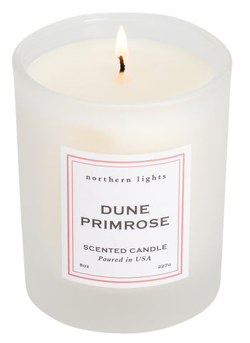 Front of lit 8 oz Dune Primrose Candle 
