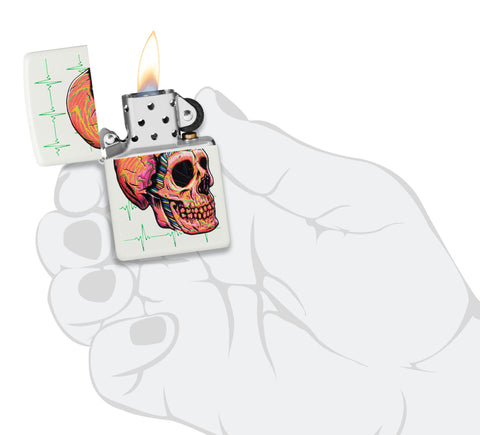 Zippo Cyber Skull Design White Matte Windproof Lighter lit in hand.
