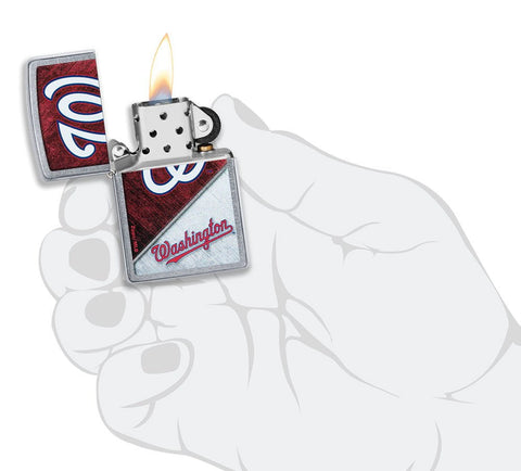 MLB™ Washington Nationals™ Street Chrome™ Windproof Lighter lit in hand.