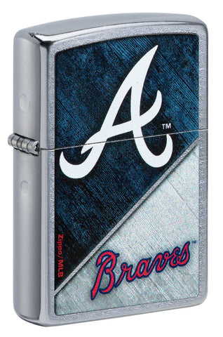 Front shot of MLB® Atlanta Braves™ Street Chrome™ Windproof Lighter standing at a 3/4 angle.