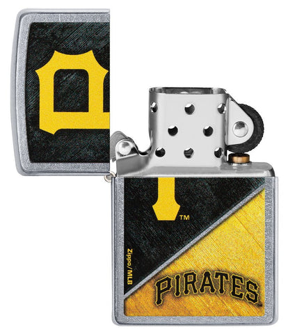 MLB® Pittsburgh Pirates™ Street Chrome™ Windproof Lighter with its lid open and unlit.