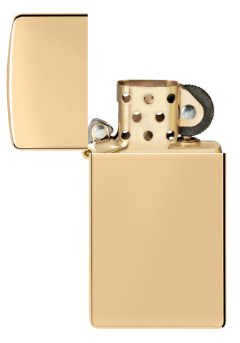 Slim® High Polish Brass Finish Windproof Lighter with its lid open and unlit.