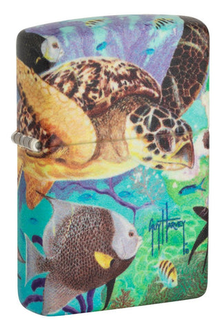 Front shot of Guy Harvey Design Glow In The Dark 540 Color Windproof Lighter standing at a 3/4 angle.