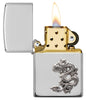 Armor® Chinese Dragon Sterling Silver Emblem Windproof Lighter with its lid open and lit.