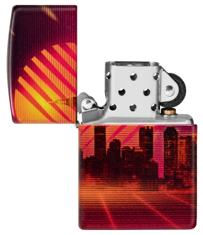 Zippo Cyber City Design 540 Color Matte Windproof Lighter with its lid open an unlit.