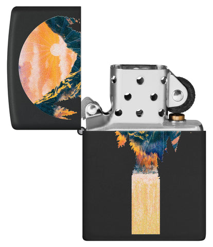 Zippo Black Light Lava Lamp Design Black Matte Windproof Lighter with its lid open and unlit.