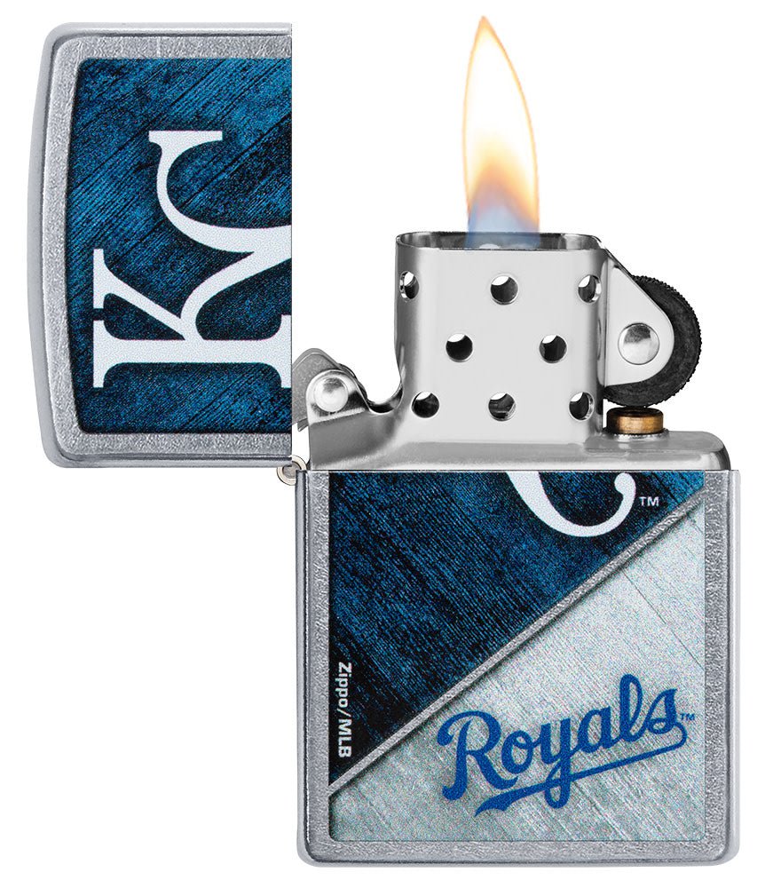 MLB™ Kansas City Royals™ Street Chrome™ Windproof Lighter with its lid open and lit.