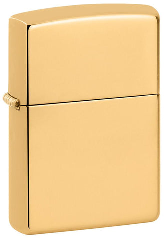 Front shot of Armor® High Polish 18K Solid Gold Windproof Lighter standing at a 3/4 angle.