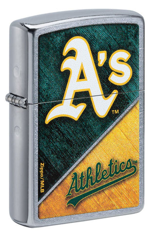 Front shot of MLB® Oakland Athletics™ Street Chrome™ Windproof Lighter standing at a 3/4 angle.
