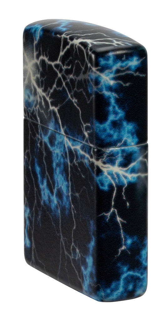 Angled shot of Zippo Lightning Design Glow in the Dark 540 Color Windproof Lighter showing the front and right side of the lighter.