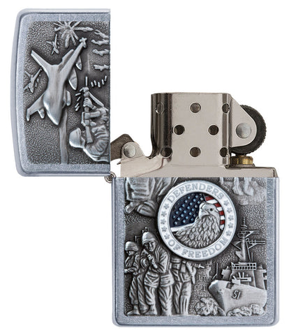 United States Military Joined Forces Emblem Design Street Chrome Lighter with its lid open and unlit.