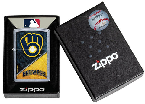 MLB™ Milwaukee Brewers™ Street Chrome™ Windproof Lighter in its packaging.