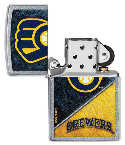 MLB® Milwaukee Brewers™ Street Chrome™ Windproof Lighter with its lid open and unlit.