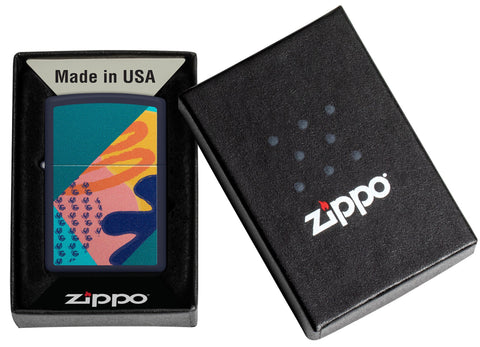 Retro Pattern Design Navy Matte Windproof Lighter in its packaging.