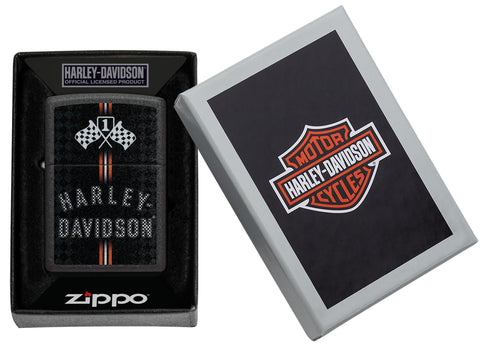 Zippo Harley-Davidson Checkered Flags Design Black Crackle Windproof Lighter in its packaging.