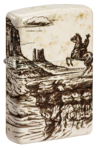 Front shot of Zippo Wild West Scene Design 540 Color Windproof Lighter standing at a 3/4 angle.
