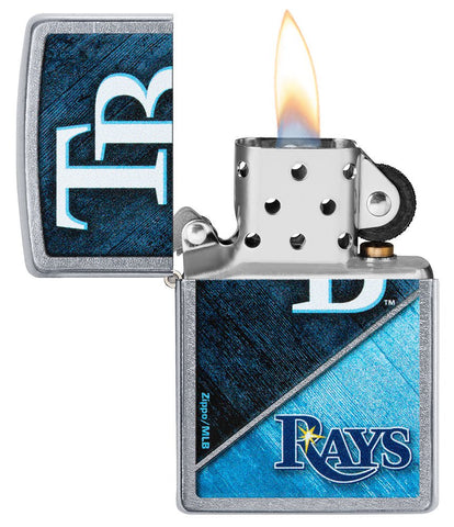MLB® Tampa Bay Rays™ Street Chrome™ Windproof Lighter with its lid open and lit.