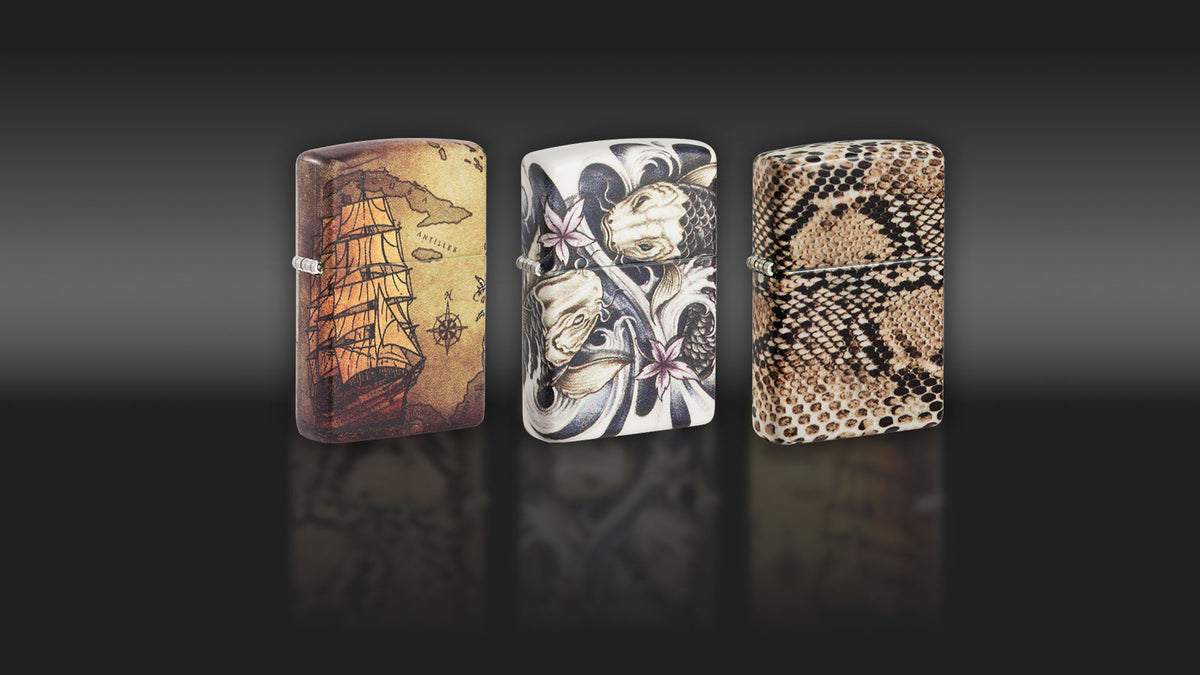 Pirate, Koi, and Snakeskin design lighters.
