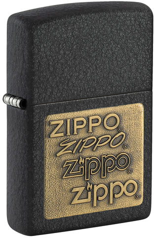 Front view of the Black Crackle® Brass Zippo Logo Emblem Lighter shot at a 3/4 angle 