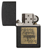 Front view of the Black Crackle® Brass Zippo Logo Emblem Lighter open and unlit