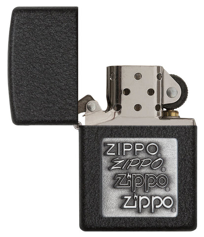 Black Crackle® Silver Zippo Logo Emblem Windproof Lighter with its lid open and unlit