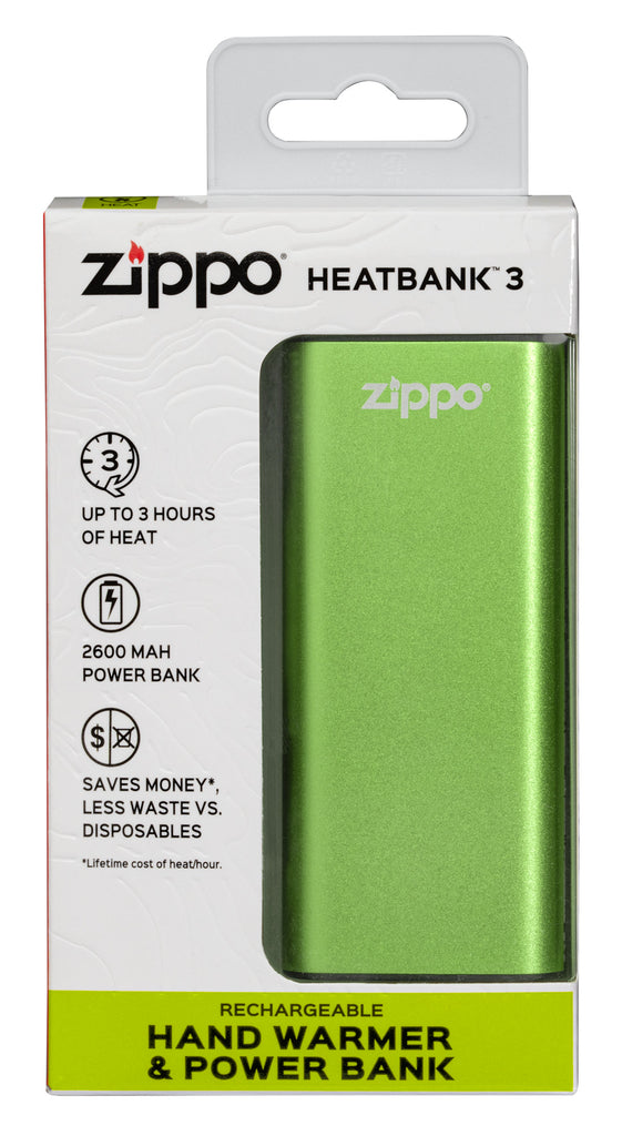 Green HeatBank 3 Rechargeable Hand Warmer in packaging