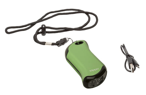 Green HeatBank 9s Rechargeable Hand Warmer with the included landyard and charging cable.