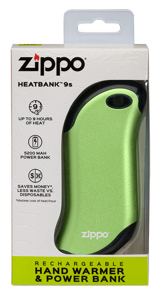Green HeatBank 9s Rechargeable Hand Warmer in it's packaging.