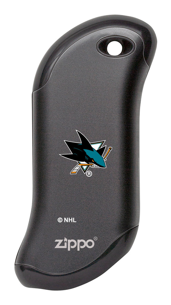 Front shot of NHL San Jose Sharks: HeatBank® 9s Black Rechargeable Hand Warmer