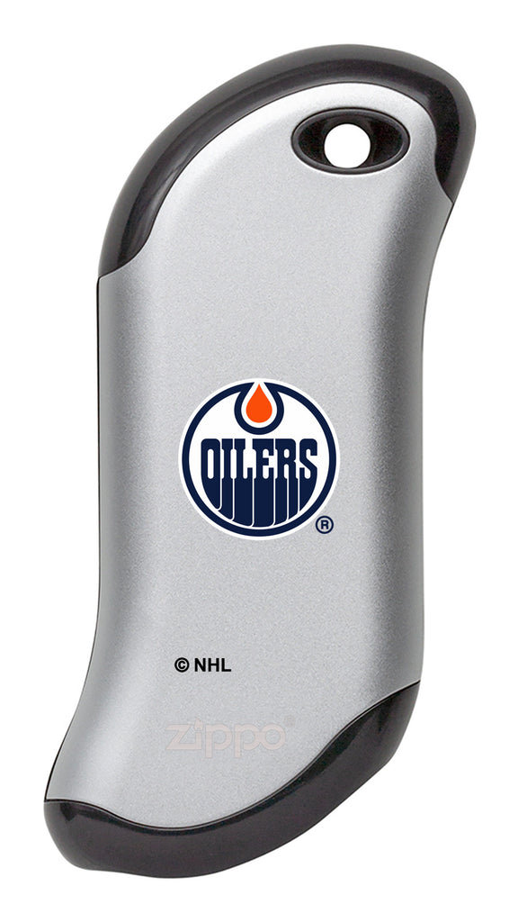 Front shot of NHL Edmonton Oilers: HeatBank® 9s Silver Rechargeable Hand Warmer
