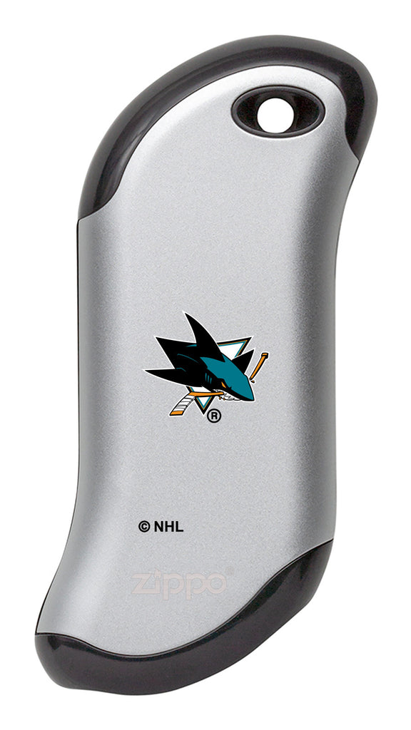 Front shot of NHL San Jose Sharks: HeatBank® 9s Silver Rechargeable Hand Warmer