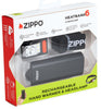 Angled packaging image of Zippo Black HeatBank® 6 Rechargeable Hand Warmer and Headlamp Gift Set.