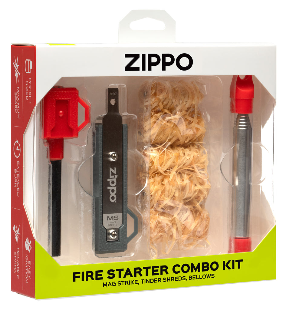 Fire Starter Combo Kit in its packaging, with the mag strike, tinder shreds, and manual bellows standing at an angle