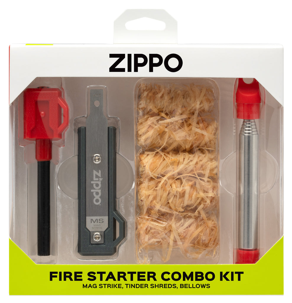 Front of Fire Starter Combo Kitpackaging, with the mag strike, tinder shreds, and manual bellows