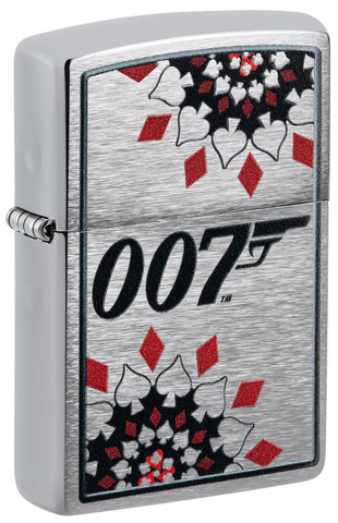 Front shot of Zippo James Bond Brushed Chrome Windproof Lighter standing at a 3/4 angle.