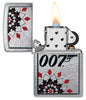 Zippo James Bond Brushed Chrome Windproof Lighter with its lid open and lit.