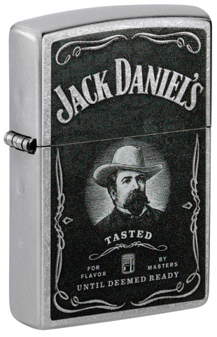 Front shot of Zippo Jack Daniels Street Chrome Windproof Lighter standing at a 3/4 angle.