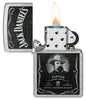 Zippo Jack Daniels Street Chrome Windproof Lighter with its lid open and lit.