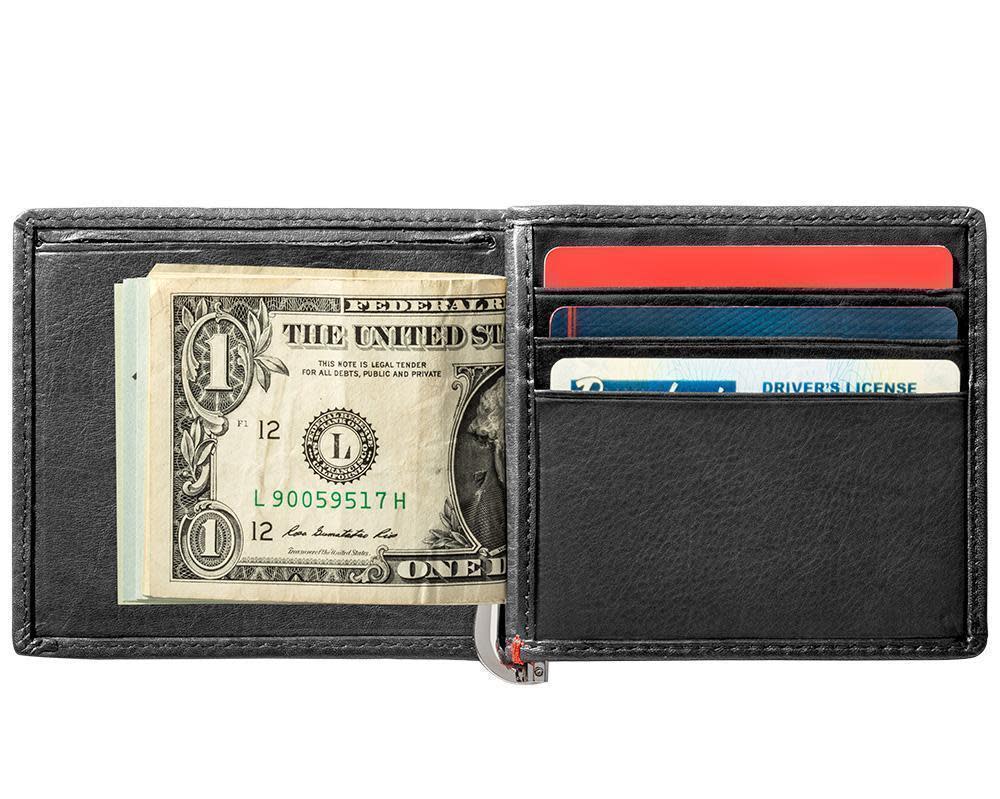 Black Leather Wallet With Anchor Metal Plate design money clip inside full